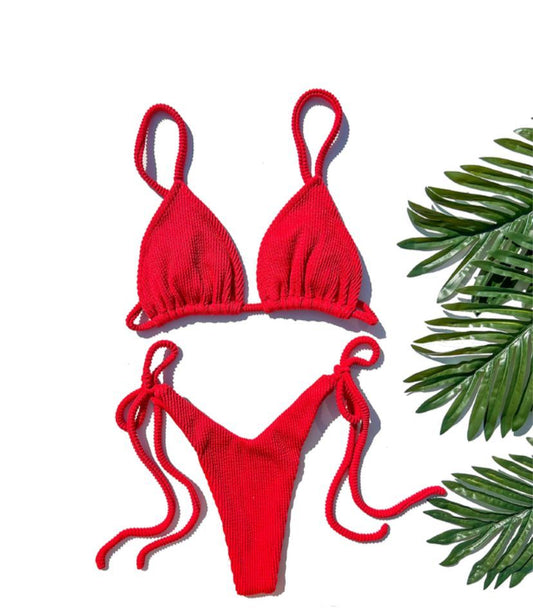 Ribbed Classic Brazilian Bikini Set - Red