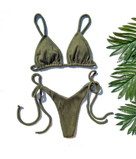 Ribbed Classic Brazilian Bikini Set - Military Green