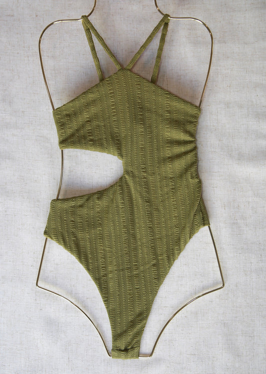 Riviera One-Piece  - Olive Green Textured Ultra-stretch Fabric